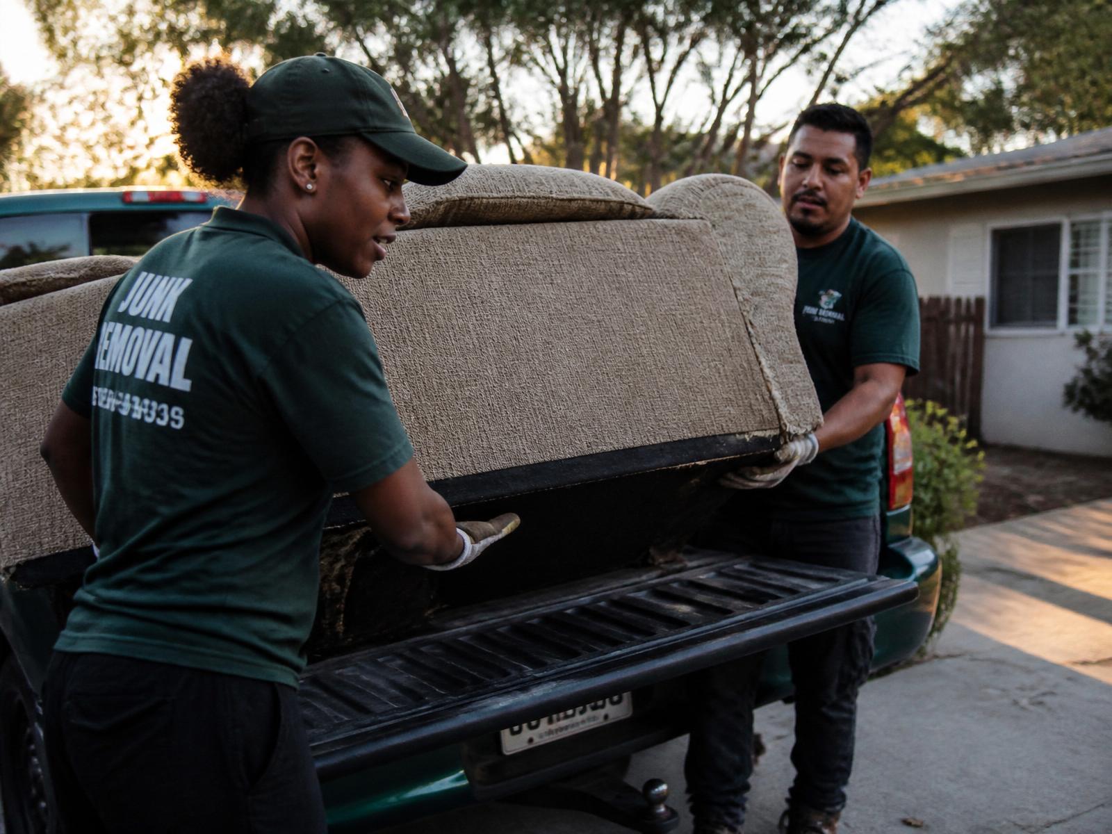 Green Haul crew loading a truck at golden hour